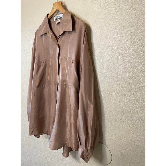 VTG Marnie West 100% Silk Button Up Tan/ Brown Minimalist Blouse Large - Picture 11 of 12